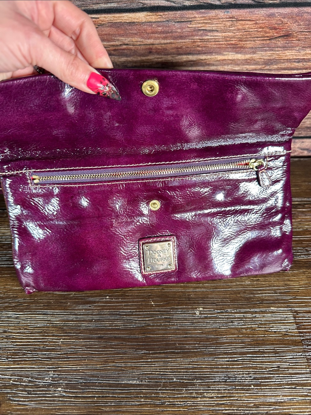 Dooney & Bourke Plum Patent Leather Fold-Over Clutch Shoulder Bag - Picture 7 of 10